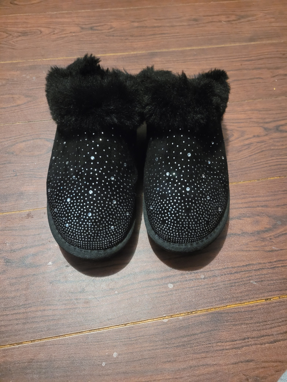 Black Rinestone Furry Slippers
